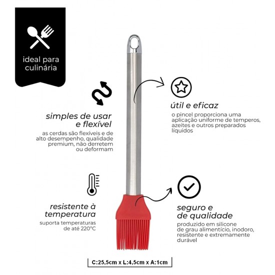 Pincel De Silicone 25,5cm Vermelho Com Cabo Inox Mimo Style